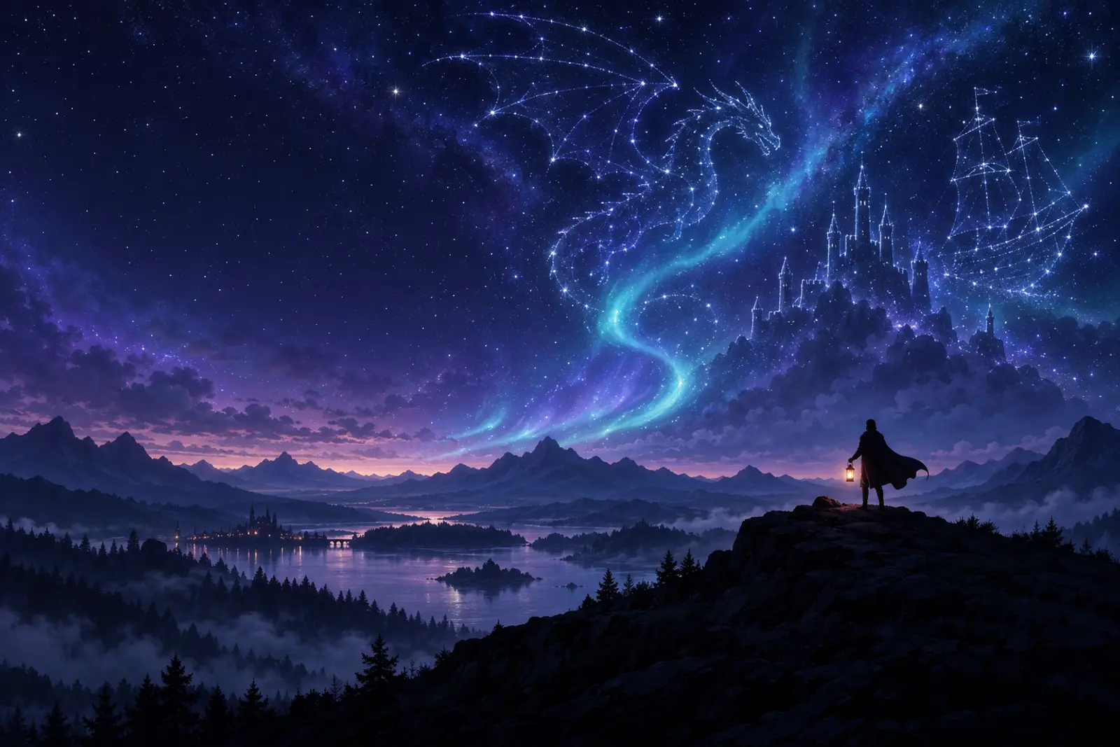 星座が竜と城の形になる夜空の下に立つ旅人