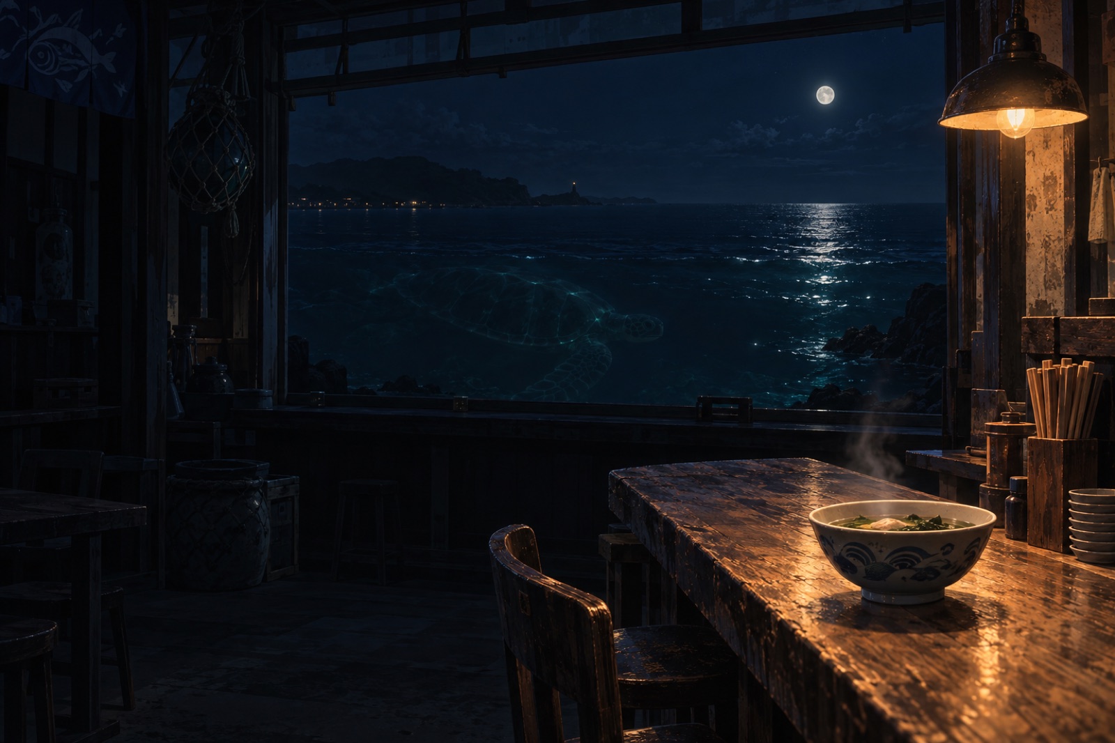 月夜の海を望む食堂のカウンターに置かれた、湯気の立つ一杯